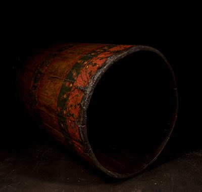 Lot 69 - LARGE TEMPLE PRAYER WHEEL TIBET WOOD WITH LEATHER PAINTED TIBET 18TH CENTURY