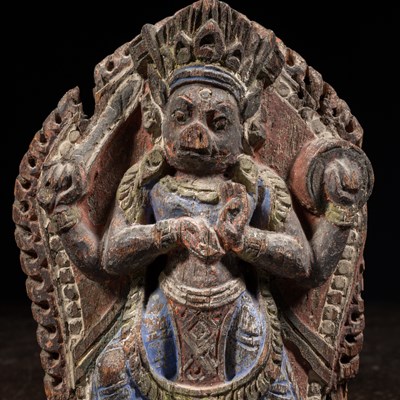 Lot 17 - RARE STANDING VARAHA WOOD COLOURED NEPAL 17TH CENTURY