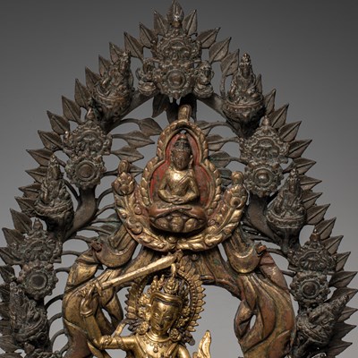 Lot 16 - MANJUSHRI BRONZE SHRINE NEPAL 18TH CENTURY