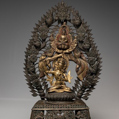Lot 16 - MANJUSHRI BRONZE SHRINE NEPAL 18TH CENTURY