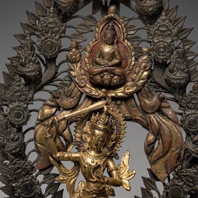 Lot 16 - MANJUSHRI BRONZE SHRINE NEPAL 18TH CENTURY