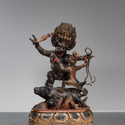 Lot 18 - WOOD GAU WITH YAMA TIBET OR MONGOLIA 19TH CENTURY