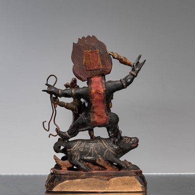 Lot 18 - WOOD GAU WITH YAMA TIBET OR MONGOLIA 19TH CENTURY