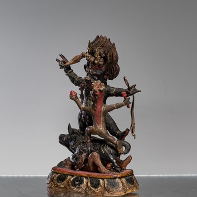 Lot 18 - WOOD GAU WITH YAMA TIBET OR MONGOLIA 19TH CENTURY
