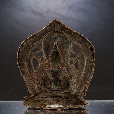 Lot 54 - SEATED BUDDHA AMITHABA 10TH TO 12TH CENTURY COPPER FROM NEPAL