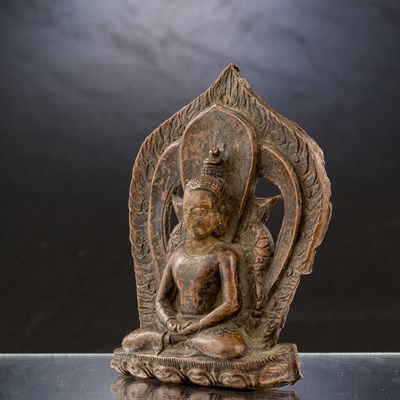 Lot 54 - SEATED BUDDHA AMITHABA 10TH TO 12TH CENTURY COPPER FROM NEPAL