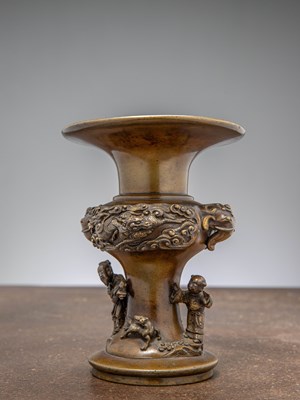 Lot 8 - BRONZE 'BOYS AT PLAY' VASE WITH DRAGON RELIEF AND SEAL MARK , CHINA QING DYNASTY