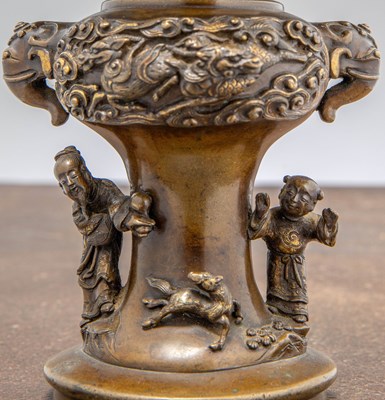 Lot 8 - BRONZE 'BOYS AT PLAY' VASE WITH DRAGON RELIEF AND SEAL MARK , CHINA QING DYNASTY