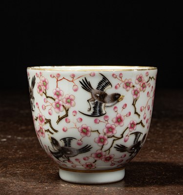 Lot 95 - (R) FAMILIE-ROSE PORCELAIN CUP WITH PLUM BLOSSOMS, QING DYNASTY