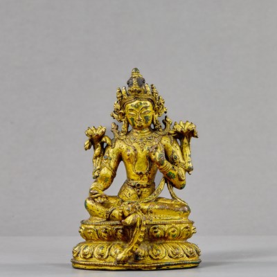 Lot 255 - SEATED GILT BRONZE TARA TIBET 15TH CENTURY