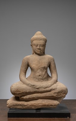 Lot 196 - SEATED SANDSTONE BUDDHA BAYON PERIOD CAMBODIA 12TH CENTURY
