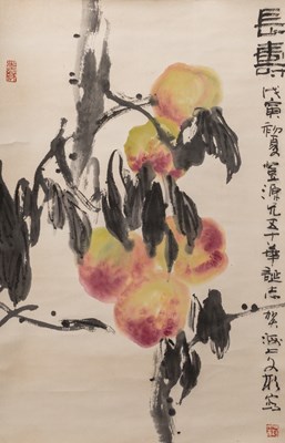 Lot 54 - A CHINESE HANGING SCROLL PAINTING OF PEACHES ATTRIBUTED TO GU WEN BIN (1811-1889)