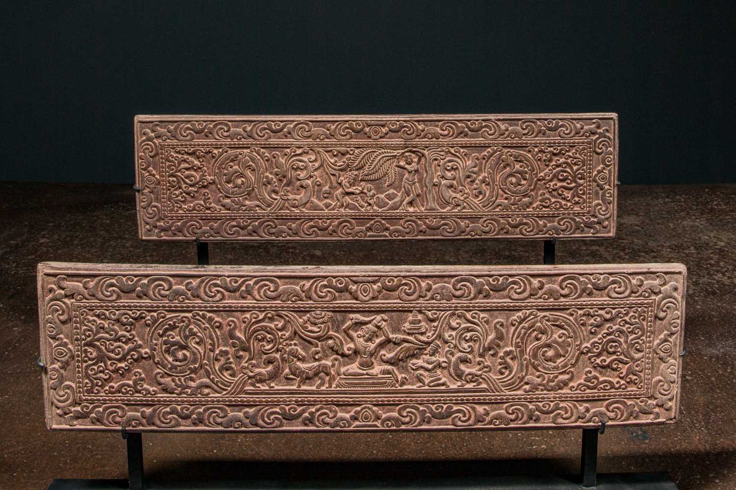 Lot 93 - A RARE SET OF TWO STONE BOOK COVERS (PECHA COVERS) TIBET 18TH CENTURY
