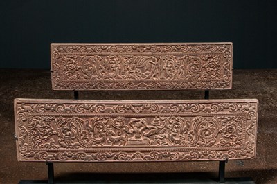 Lot 93 - A RARE SET OF TWO STONE BOOK COVERS (PECHA COVERS) TIBET 18TH CENTURY