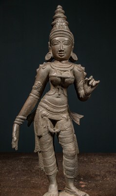 Lot 19 - LARGE STANDING SHRI DEVI BRONZE NEPAL 16TH CENTURY