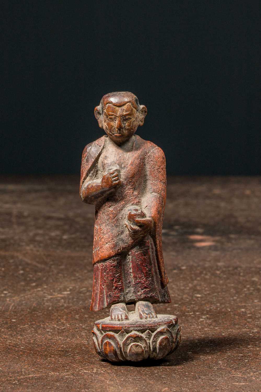 Lot 6 - STANDING WOOD CARVED LAMA TIBET 17TH CENTURY