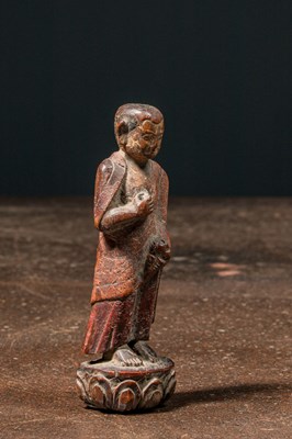 Lot 6 - STANDING WOOD CARVED LAMA TIBET 17TH CENTURY