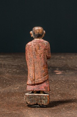 Lot 6 - STANDING WOOD CARVED LAMA TIBET 17TH CENTURY