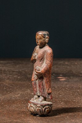 Lot 6 - STANDING WOOD CARVED LAMA TIBET 17TH CENTURY