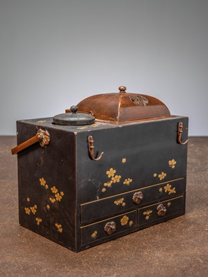 Lot 61 - (R) A LACQUERED SUZURIBAKO (WRITING BOX) AND TABAKOBON (PORTABLE BRAZIER SET) , JAPAN 19TH CENTURY