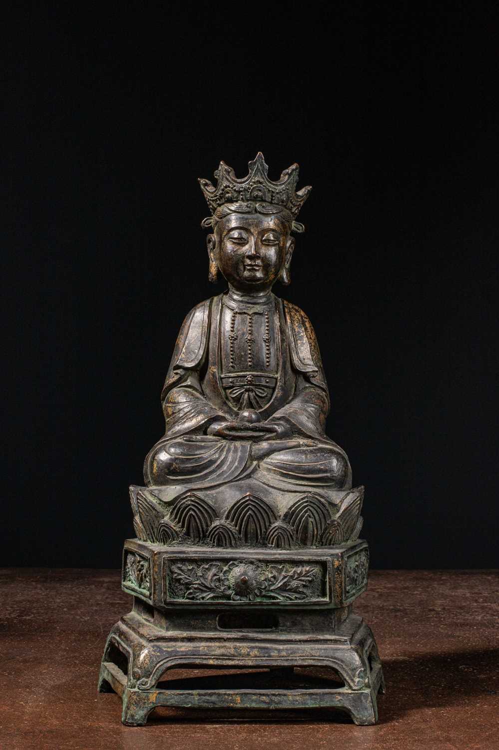 Lot 89 - (R) SEATED GUANYIN WITH INSCRIPTION BRONZE 13TH CENTURY