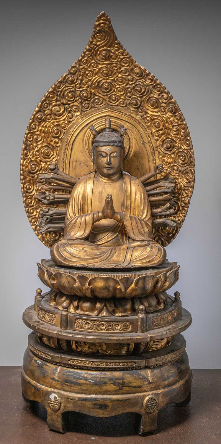 Lot 23 - (R) A RARE AND LARGE (148 CM) BUDDHA, WOOD COLDGILT, JAPAN EDO-PERIOD 2ND HALF OF THE 18TH CENTURY
