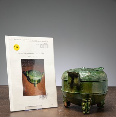 Lot 28 - (R) A GREEN-GLAZED POTTERY DING (TING) WITH COVER, HAN DYNASTY (206 BC–220 AD) CHINA