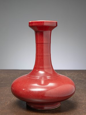 Lot 394 - (R) A RARE BULBOUS LONG-NECK VASE, BRICK RED GLAZE, CHINA, QING DYNASTY