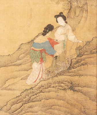 Lot 114 - (R) FRAMED SILK PAINTING, DEPICTING TWO WOMEN, JAPAN 1800