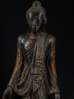 Lot 38 - (R) A LARGE STANDING MANDALAY BUDDHA AS COSMIC HEALER (BHAIṢAJYAGURU) BIRMA 19TH CENTURY