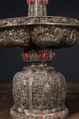 Lot 29 - (R) SINO MONGOLIAN ALTAR SET SILVER WITH STONES MIDDLE OF 19TH CENTURY