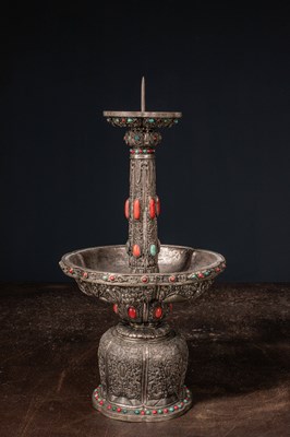 Lot 29 - (R) SINO MONGOLIAN ALTAR SET SILVER WITH STONES MIDDLE OF 19TH CENTURY