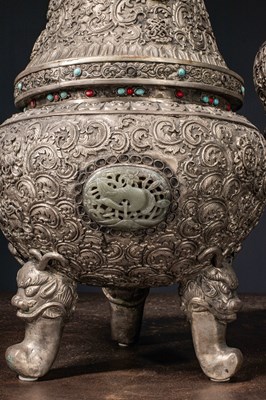 Lot 29 - (R) SINO MONGOLIAN ALTAR SET SILVER WITH STONES MIDDLE OF 19TH CENTURY