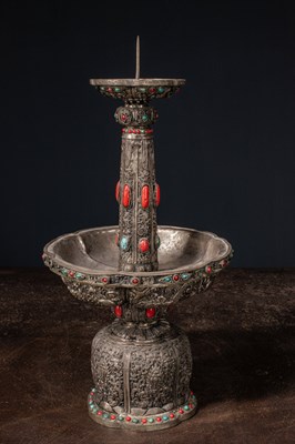 Lot 29 - (R) SINO MONGOLIAN ALTAR SET SILVER WITH STONES MIDDLE OF 19TH CENTURY
