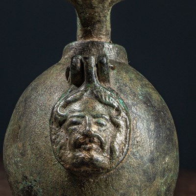 Lot 27 - (R) A RARE ROMAN BRONZE OILLAMP WITH HANDLE PURCHASED IN THAILAND 2nd-3rd AD
