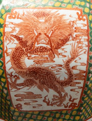 Lot 67 - (R) A LARGE FAMILLE VERTE HEXAGONAL VASE WITH DRAGON AND FLORAL PANELS
