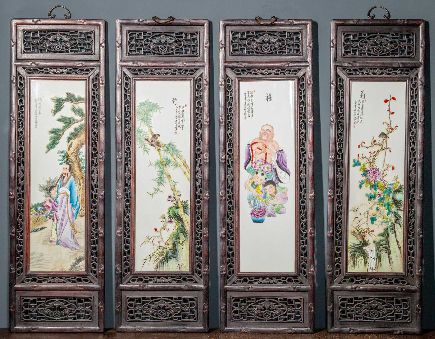 Lot 68 - (R) A SET OF FOUR FAMILLE ROSE PORCELAIN PLAQUES IN WOOD FRAMES, CHINA 20TH CENTURY, REPUBLIC PERIOD