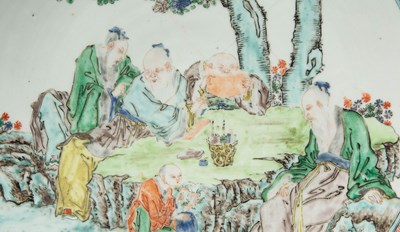 Lot 58 - (R) A LARGE FAMILLE VERTE PORCELAIN DISH WITH SCHOLARS IN A GARDEN QING DYNASTY CHINA 1820 - 1850