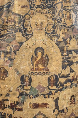 Lot 52 - (R) A GILT-PAINTED THANGKA OF THE LIFE OF THE BUDDHA TIBET 18TH CENTURY