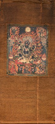 Lot 262 - A RARE TIBETAN THANGKA DEPICTING MAHAKALA, 17TH CENTURY , WITH EXTENSIVE INSCRIPTION AT THE BACK