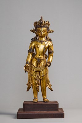 Lot 359 - A LARGE STANDING BRONZE FIREGILT STATUE OF PADMAPANI, 15TH CENTURY