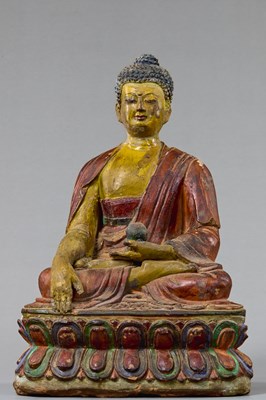 Lot 4 - A LARGE TIBETAN CLAY TSA TSA WITH POLYCHROME PIGMENTS DEPICTING BUDDHA AKSHOBYA, 18TH CENTURY