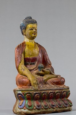 Lot 4 - A LARGE TIBETAN CLAY TSA TSA WITH POLYCHROME PIGMENTS DEPICTING BUDDHA AKSHOBYA, 18TH CENTURY