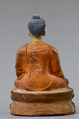 Lot 4 - A LARGE TIBETAN CLAY TSA TSA WITH POLYCHROME PIGMENTS DEPICTING BUDDHA AKSHOBYA, 18TH CENTURY