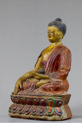 Lot 4 - A LARGE TIBETAN CLAY TSA TSA WITH POLYCHROME PIGMENTS DEPICTING BUDDHA AKSHOBYA, 18TH CENTURY