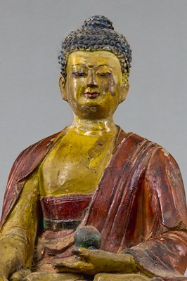 Lot 4 - A LARGE TIBETAN CLAY TSA TSA WITH POLYCHROME PIGMENTS DEPICTING BUDDHA AKSHOBYA, 18TH CENTURY