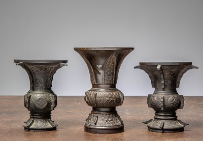Lot 28 - (R) THREE GU TYPE BRONZE RITUAL VESSELS CHINA 18TH CENTURY