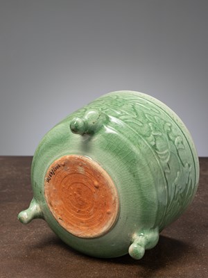 Lot 11 - (R) A CELADON-GLAZED CACHEPOT, FLOWER BASIN, CHINA, EARLY MING DYNASTY