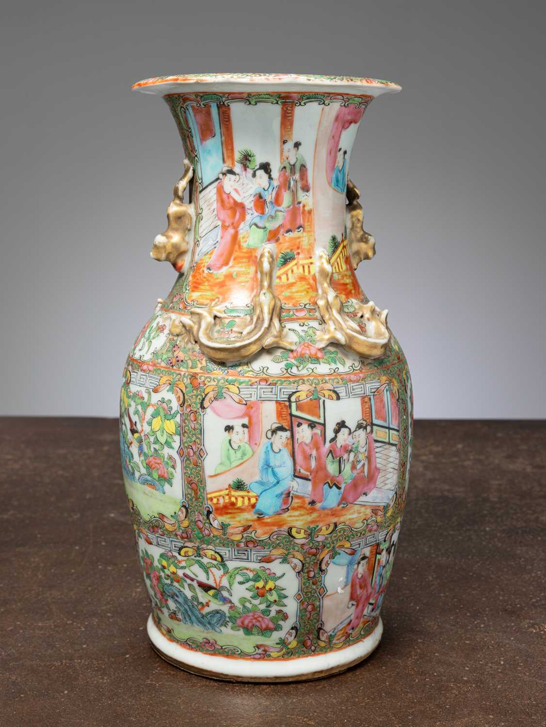Lot 56 - (R) A BULBOUS FAMILLE ROSE VASE WITH GILT RELIEF HANDLES, CHINA , QING DYNASTY 19TH CENTURY