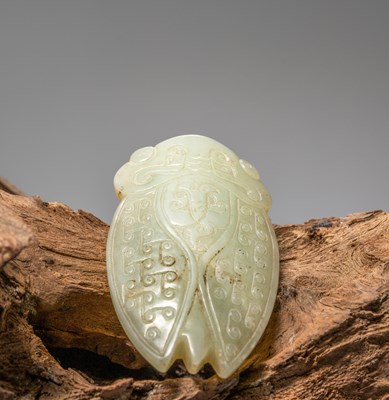 Lot 92 - (R) A JADE CICADA, LIGHT GREEN JADE, CHINA, SUNG TO MING DYNASTY, 12TH TO 16TH CENTURY